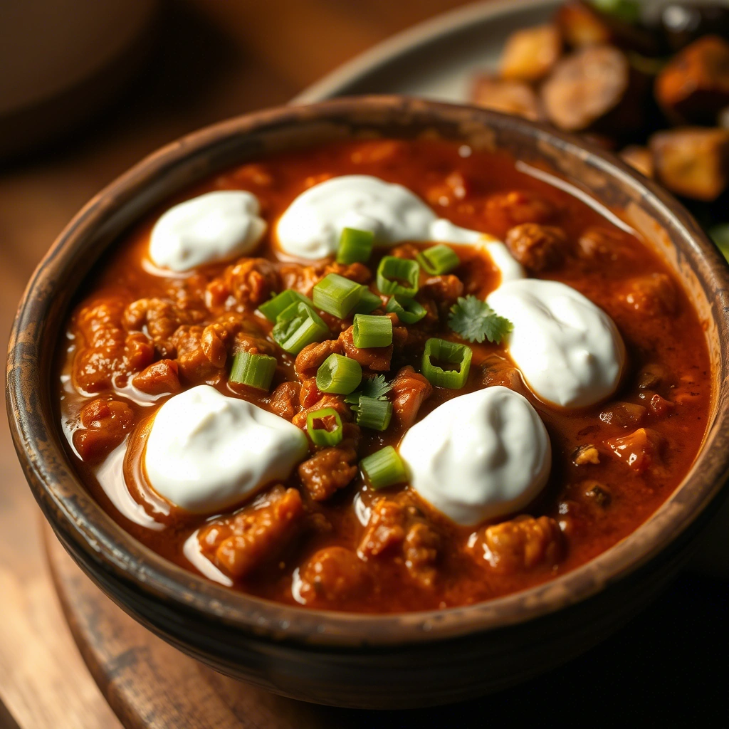 plated bowl of low carb chili made in a crock pot